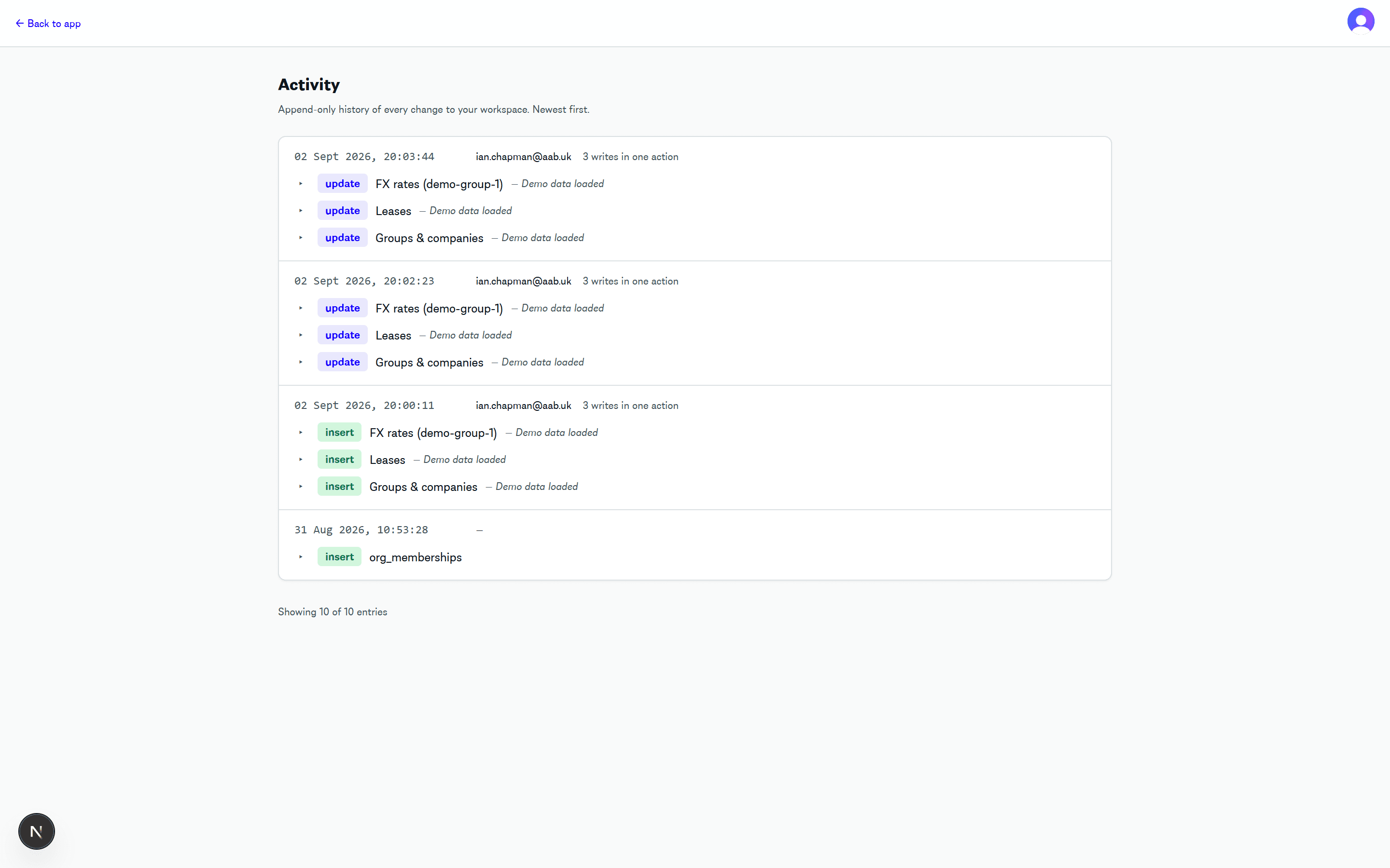 Activity log: append-only history of changes with timestamps and users