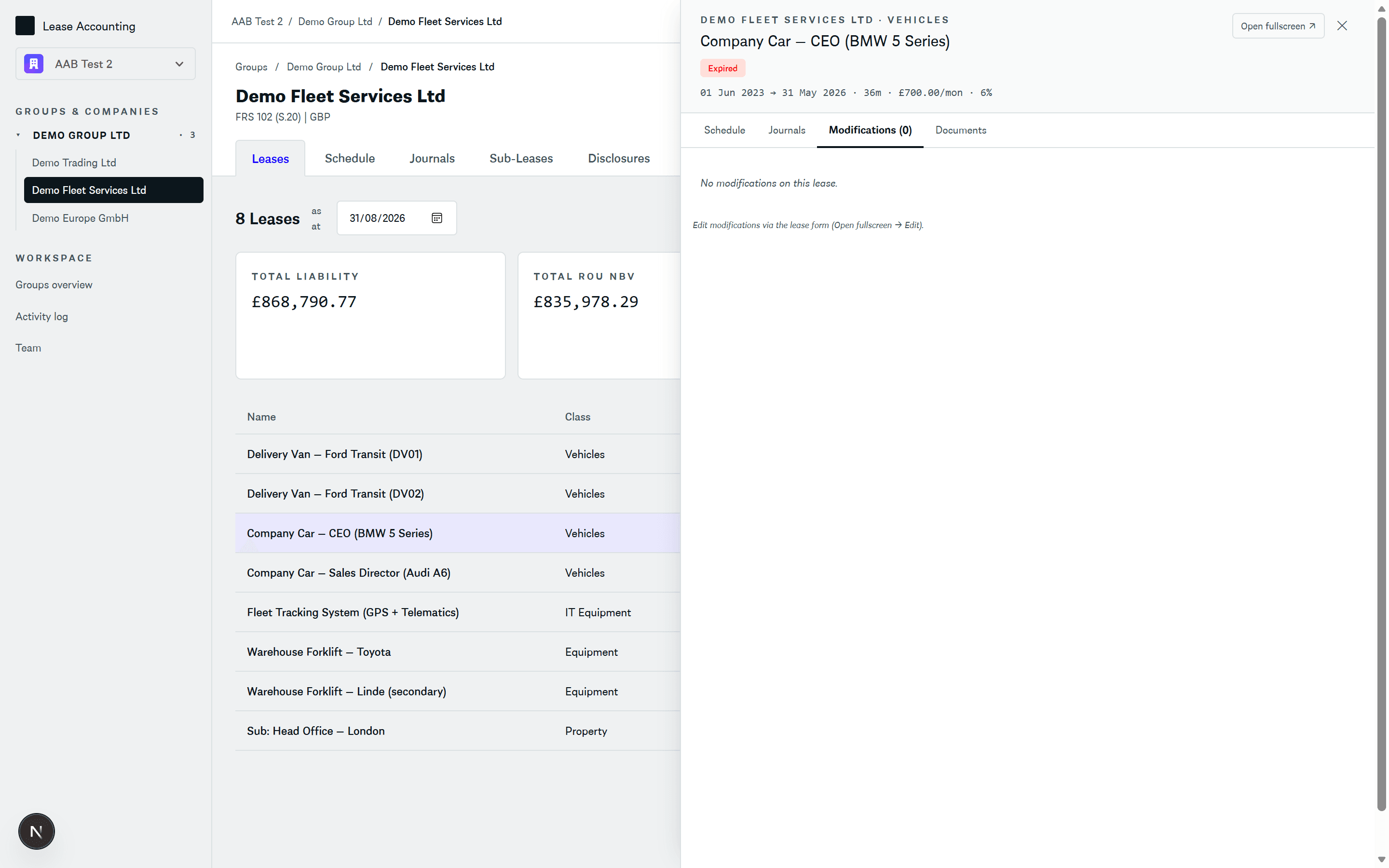 Modifications tab on a lease with a payment-change modification
