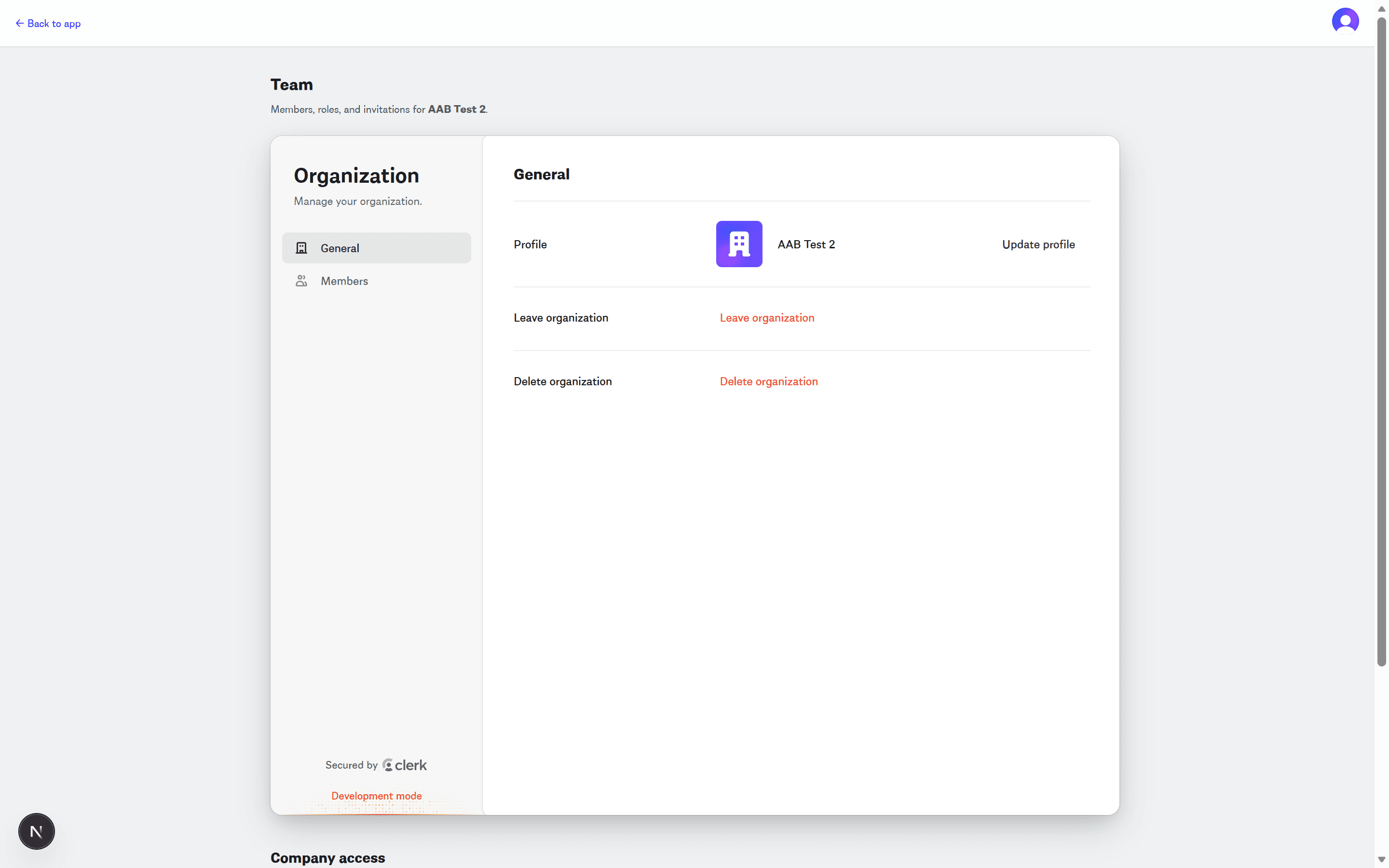 Team page: members with roles, and per-member company access restrictions